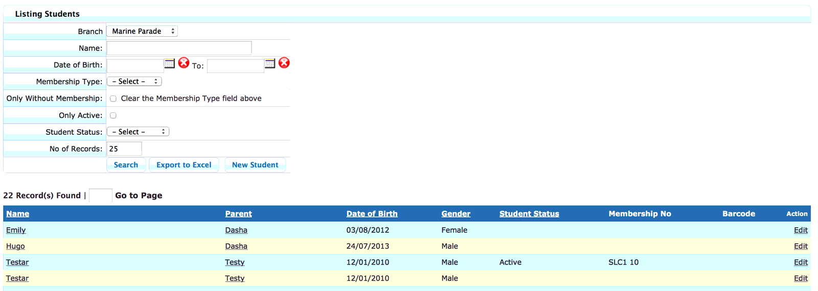 Students summary screen