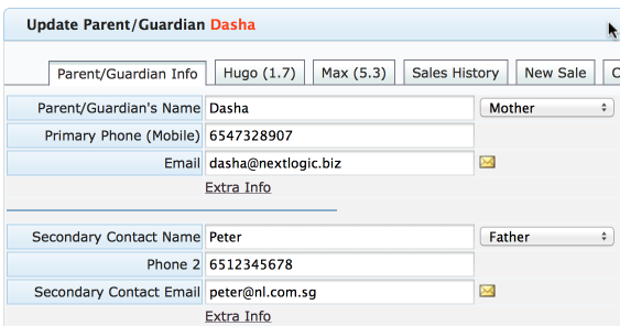 Screen showing students and parents data grouped in the family structure